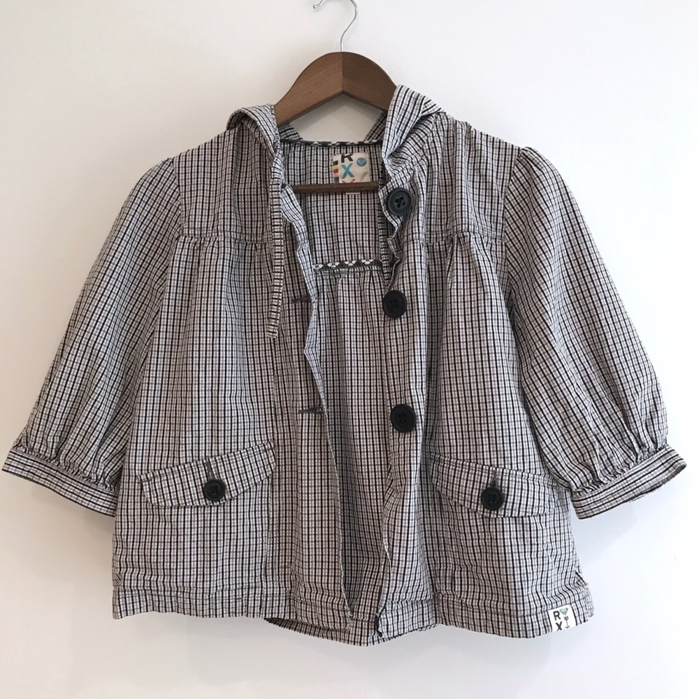 Roxy Black & White Plaid Button Front Hooded Light Spring Jacket